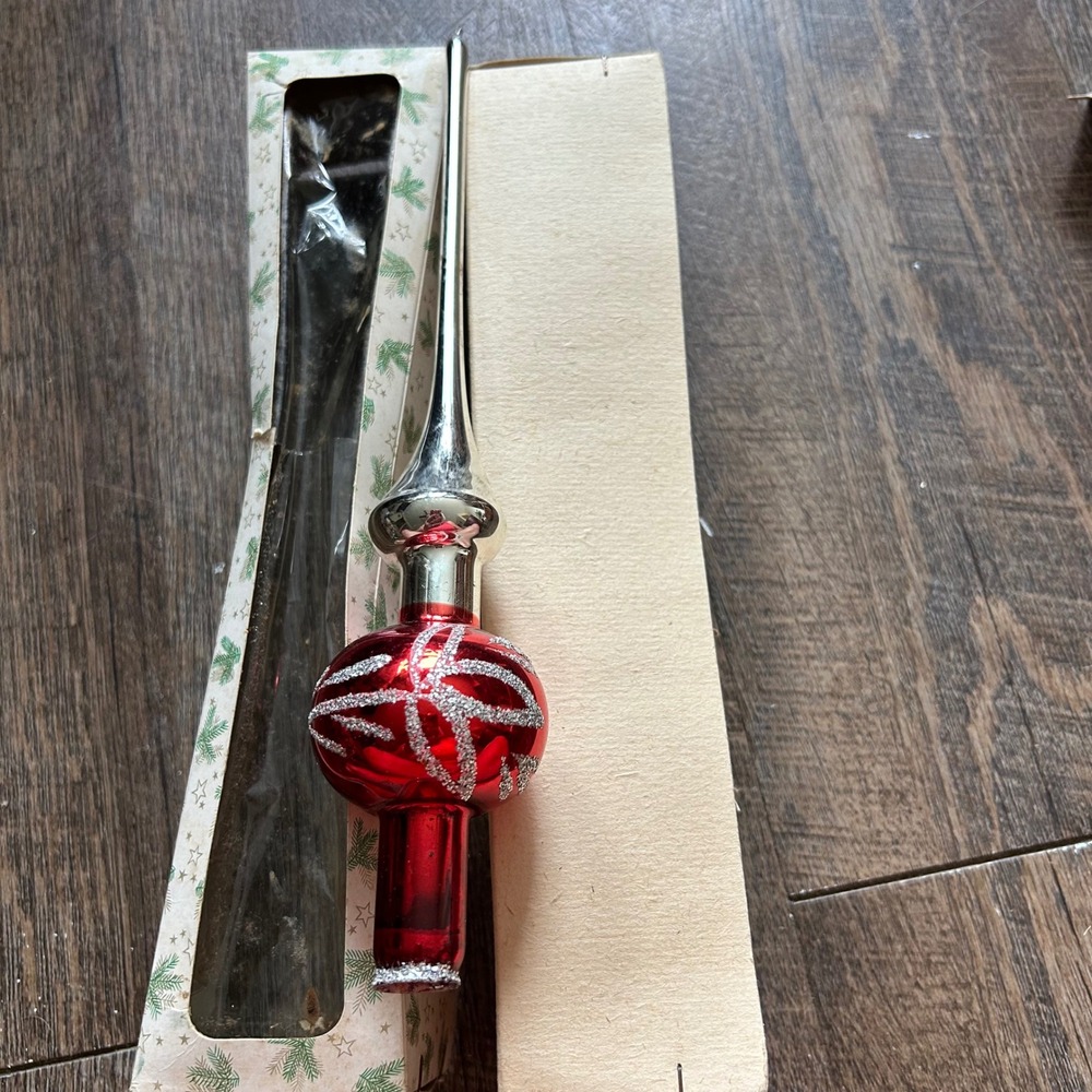 Vintage West German Mercury Glass Christmas Tree Topper Red Silver Finial 9.5"